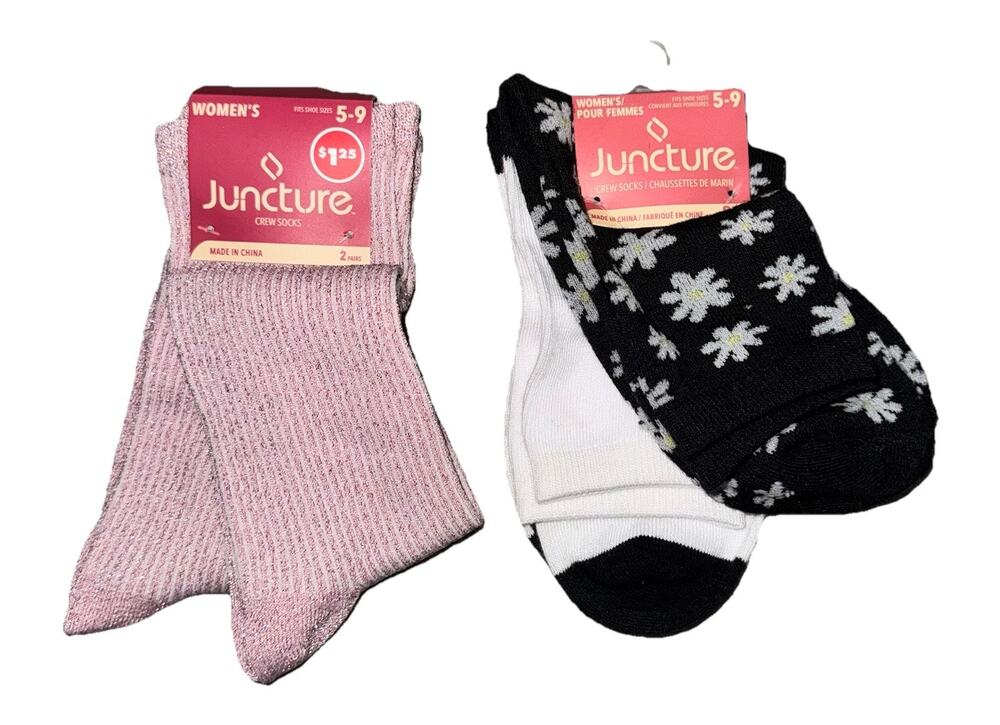 NWT Women’s Crew Socks Lot 4 Pair Juncture Pink Shimmer Daisy Floral Size 5-9